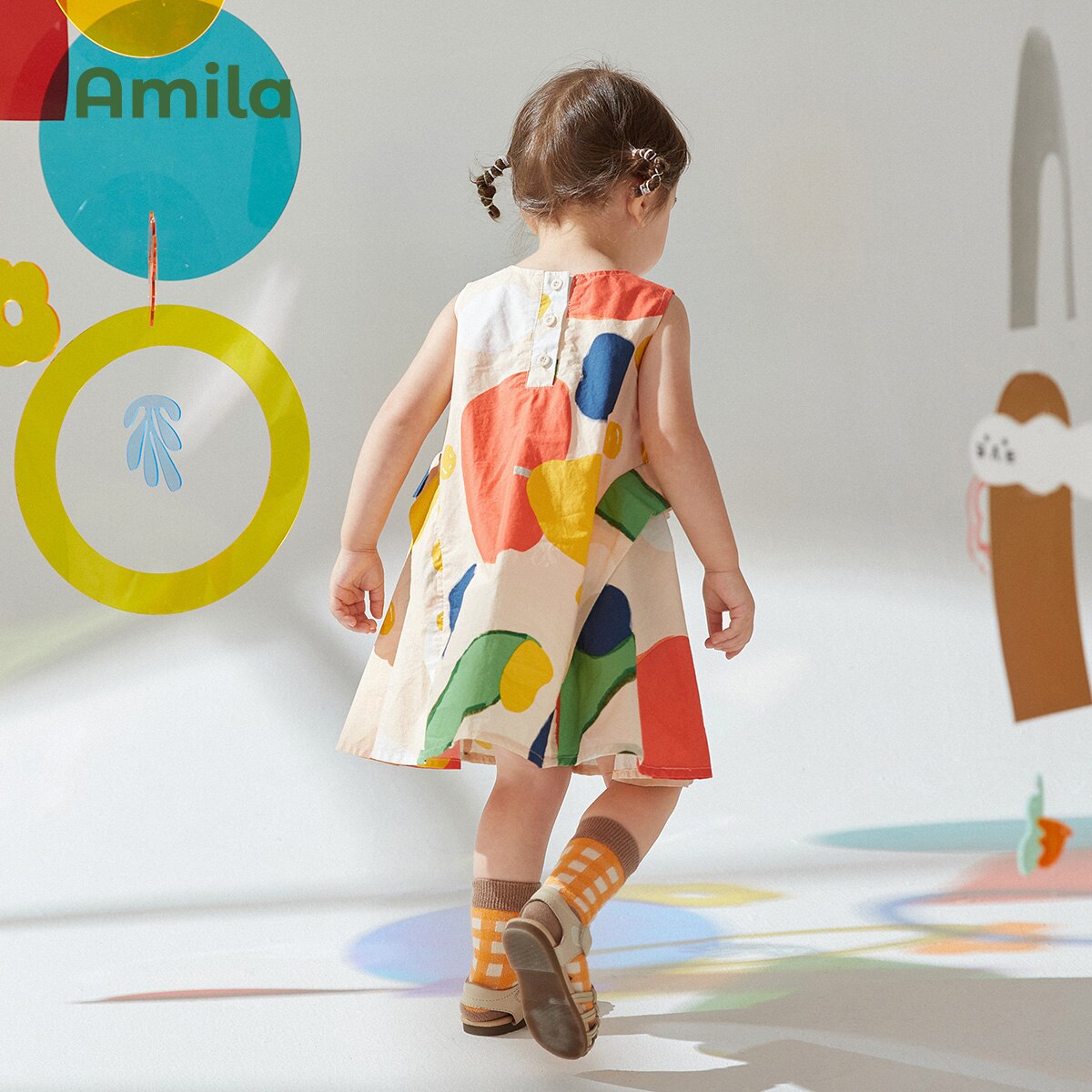 Amila Baby Girl Dress Children Summer New Vest Round Neck Sleeveless Cotton Long Skirt Kids Fashion Patchwork Clothing 0-6 Years