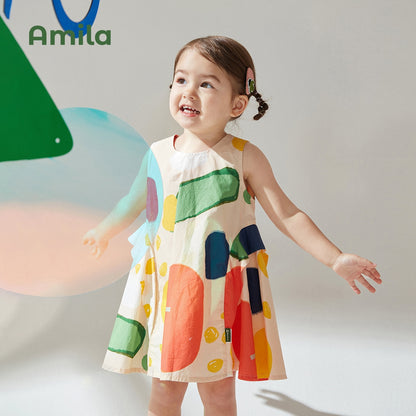 Amila Baby Girl Dress Children Summer New Vest Round Neck Sleeveless Cotton Long Skirt Kids Fashion Patchwork Clothing 0-6 Years