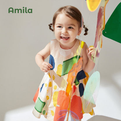 Amila Baby Girl Dress Children Summer New Vest Round Neck Sleeveless Cotton Long Skirt Kids Fashion Patchwork Clothing 0-6 Years